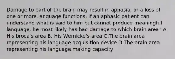 Damage to part of the brain may result in aphasia, or a loss of one or more language functions. If an aphasic patient can understand what is said to him but cannot produce meaningful language, he most likely has had damage to which brain area? A. His broca's area B. His Wernicke's area C.The brain area representing his language acquisition device D.The brain area representing his language making capacity