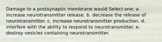 Damage to a postsynaptic membrane would Select one: a. increase neurotransmitter release. b. decrease the release of neurotransmitter. c. increase neurotransmitter production. d. interfere with the ability to respond to neurotransmitter. e. destroy vesicles containing neurotransmitter.