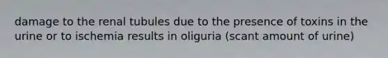 damage to the renal tubules due to the presence of toxins in the urine or to ischemia results in oliguria (scant amount of urine)