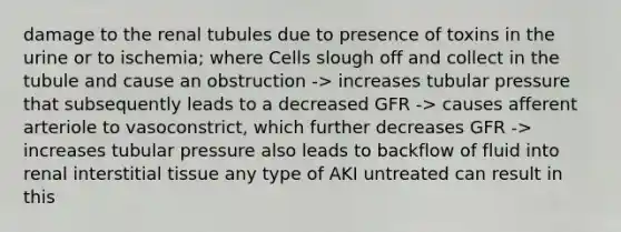 damage to the renal tubules due to presence of toxins in the urine or to ischemia; where Cells slough off and collect in the tubule and cause an obstruction -> increases tubular pressure that subsequently leads to a decreased GFR -> causes afferent arteriole to vasoconstrict, which further decreases GFR -> increases tubular pressure also leads to backflow of fluid into renal interstitial tissue any type of AKI untreated can result in this