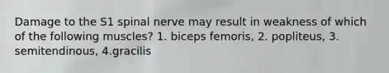 Damage to the S1 spinal nerve may result in weakness of which of the following muscles? 1. biceps femoris, 2. popliteus, 3. semitendinous, 4.gracilis