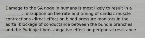 Damage to the SA node in humans is most likely to result in a ________. -disruption on the rate and timing of cardiac muscle contractions -direct effect on blood pressure monitors in the aorta -blockage of conductance between the bundle branches and the Purkinje fibers -negative effect on peripheral resistance