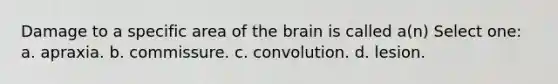 Damage to a specific area of the brain is called a(n) Select one: a. apraxia. b. commissure. c. convolution. d. lesion.