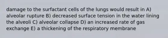 damage to the surfactant cells of the lungs would result in A) alveolar rupture B) decreased surface tension in the water lining the alveoli C) alveolar collapse D) an increased rate of gas exchange E) a thickening of the respiratory membrane