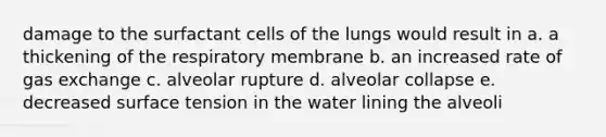 damage to the surfactant cells of the lungs would result in a. a thickening of the respiratory membrane b. an increased rate of gas exchange c. alveolar rupture d. alveolar collapse e. decreased surface tension in the water lining the alveoli