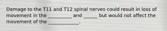 Damage to the T11 and T12 <a href='https://www.questionai.com/knowledge/kyBL1dWgAx-spinal-nerves' class='anchor-knowledge'>spinal nerves</a> could result in loss of movement in the __________ and ______ but would not affect the movement of the _____________.