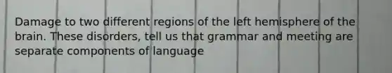 Damage to two different regions of the left hemisphere of the brain. These disorders, tell us that grammar and meeting are separate components of language