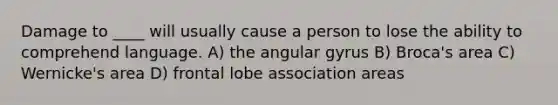 Damage to ____ will usually cause a person to lose the ability to comprehend language. A) the angular gyrus B) Broca's area C) Wernicke's area D) frontal lobe association areas