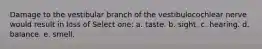 Damage to the vestibular branch of the vestibulocochlear nerve would result in loss of Select one: a. taste. b. sight. c. hearing. d. balance. e. smell.