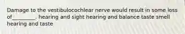 Damage to the vestibulocochlear nerve would result in some loss of_________. hearing and sight hearing and balance taste smell hearing and taste