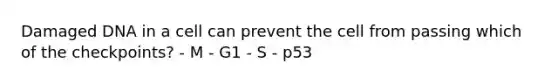 Damaged DNA in a cell can prevent the cell from passing which of the checkpoints? - M - G1 - S - p53