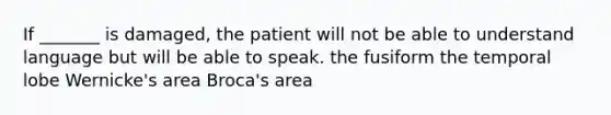 If _______ is damaged, the patient will not be able to understand language but will be able to speak. the fusiform the temporal lobe Wernicke's area Broca's area