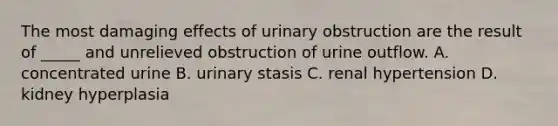 The most damaging effects of urinary obstruction are the result of _____ and unrelieved obstruction of urine outflow. A. concentrated urine B. urinary stasis C. renal hypertension D. kidney hyperplasia