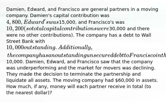 Damien, Edward, and Francisco are general partners in a moving company. Damien's capital contribution was 4,800, Edward's was15,000, and Francisco's was 10,200 (so total capital contributions were30,000 and there were no other contributions). The company has a debt to Wall Street Bank with 10,000 outstanding. Additionally, the company has an outstanding unsecured debt to Francisco in the amount of10,000. Damien, Edward, and Francisco saw that the company was underperforming and the market for movers was declining. They made the decision to terminate the partnership and liquidate all assets. The moving company had 60,000 in assets. How much, if any, money will each partner receive in total (to the nearest dollar)?