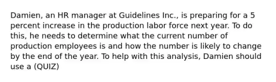 Damien, an HR manager at Guidelines Inc., is preparing for a 5 percent increase in the production labor force next year. To do this, he needs to determine what the current number of production employees is and how the number is likely to change by the end of the year. To help with this analysis, Damien should use a (QUIZ)