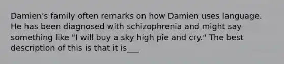 Damien's family often remarks on how Damien uses language. He has been diagnosed with schizophrenia and might say something like "I will buy a sky high pie and cry." The best description of this is that it is___