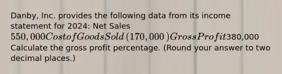 ​Danby, Inc. provides the following data from its <a href='https://www.questionai.com/knowledge/kCPMsnOwdm-income-statement' class='anchor-knowledge'>income statement</a> for​ 2024: <a href='https://www.questionai.com/knowledge/ksNDOTmr42-net-sales' class='anchor-knowledge'>net sales</a> 550,000 Cost of Goods Sold ​(170,000​) <a href='https://www.questionai.com/knowledge/klIB6Lsdwh-gross-profit' class='anchor-knowledge'>gross profit</a>380,000 Calculate the gross profit percentage.​ (Round your answer to two decimal​ places.)