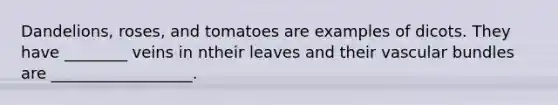 Dandelions, roses, and tomatoes are examples of dicots. They have ________ veins in ntheir leaves and their vascular bundles are __________________.