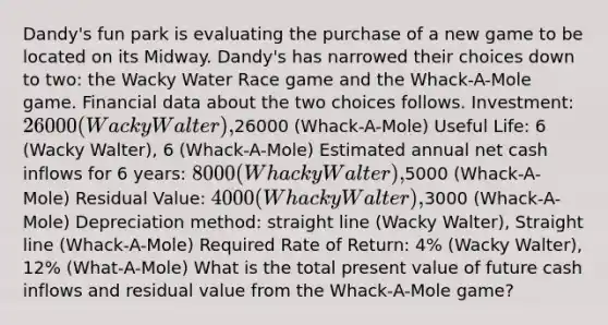 Dandy's fun park is evaluating the purchase of a new game to be located on its Midway. Dandy's has narrowed their choices down to two: the Wacky Water Race game and the Whack-A-Mole game. Financial data about the two choices follows. Investment: 26000 (Wacky Walter),26000 (Whack-A-Mole) Useful Life: 6 (Wacky Walter), 6 (Whack-A-Mole) Estimated annual net cash inflows for 6 years: 8000 (Whacky Walter),5000 (Whack-A-Mole) Residual Value: 4000 (Whacky Walter),3000 (Whack-A-Mole) Depreciation method: straight line (Wacky Walter), Straight line (Whack-A-Mole) Required Rate of Return: 4% (Wacky Walter), 12% (What-A-Mole) What is the total present value of future cash inflows and residual value from the Whack-A-Mole game?