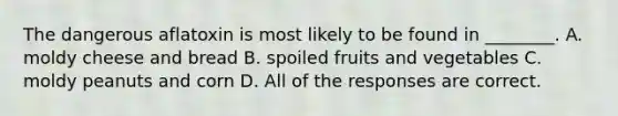 The dangerous aflatoxin is most likely to be found in ________. A. moldy cheese and bread B. spoiled fruits and vegetables C. moldy peanuts and corn D. All of the responses are correct.