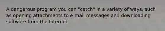 A dangerous program you can "catch" in a variety of ways, such as opening attachments to e-mail messages and downloading software from the Internet.