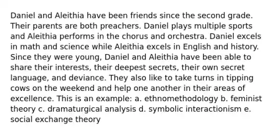 Daniel and Aleithia have been friends since the second grade. Their parents are both preachers. Daniel plays multiple sports and Aleithia performs in the chorus and orchestra. Daniel excels in math and science while Aleithia excels in English and history. Since they were young, Daniel and Aleithia have been able to share their interests, their deepest secrets, their own secret language, and deviance. They also like to take turns in tipping cows on the weekend and help one another in their areas of excellence. This is an example: a. ethnomethodology b. feminist theory c. dramaturgical analysis d. symbolic interactionism e. social exchange theory