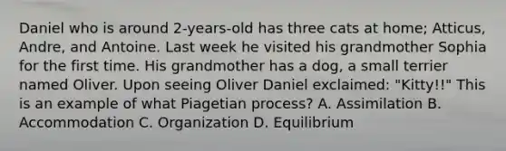 Daniel who is around 2-years-old has three cats at home; Atticus, Andre, and Antoine. Last week he visited his grandmother Sophia for the first time. His grandmother has a dog, a small terrier named Oliver. Upon seeing Oliver Daniel exclaimed: "Kitty!!" This is an example of what Piagetian process? A. Assimilation B. Accommodation C. Organization D. Equilibrium