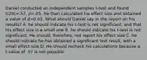 Daniel conducted an independent samples t-test and found t(20)=.57, p>.05. He then calculated his effect size and obtained a value of d=0.02. What should Daniel say in the report on his results? A. he should indicate his t-test is not significant, and that his effect size is a small one B. he should indicate his t-test is not significant. He should, therefore, not report his effect size C. he should indicate he has obtained a significant test result, with a small effect size D. He should recheck his calculations because a t-value of .57 is not possible