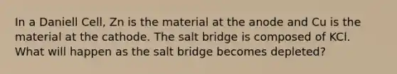 In a Daniell Cell, Zn is the material at the anode and Cu is the material at the cathode. The salt bridge is composed of KCl. What will happen as the salt bridge becomes depleted?