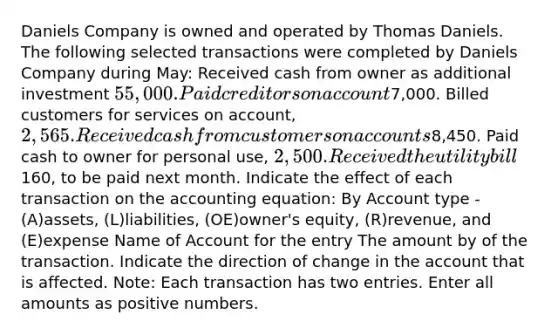 Daniels Company is owned and operated by Thomas Daniels. The following selected transactions were completed by Daniels Company during May: Received cash from owner as additional investment 55,000. Paid creditors on account7,000. Billed customers for services on account, 2,565. Received cash from customers on accounts8,450. Paid cash to owner for personal use, 2,500. Received the utility bill160, to be paid next month. Indicate the effect of each transaction on the accounting equation: By Account type - (A)assets, (L)liabilities, (OE)owner's equity, (R)revenue, and (E)expense Name of Account for the entry The amount by of the transaction. Indicate the direction of change in the account that is affected. Note: Each transaction has two entries. Enter all amounts as positive numbers.