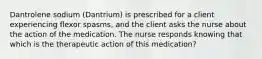 Dantrolene sodium (Dantrium) is prescribed for a client experiencing flexor spasms, and the client asks the nurse about the action of the medication. The nurse responds knowing that which is the therapeutic action of this medication?