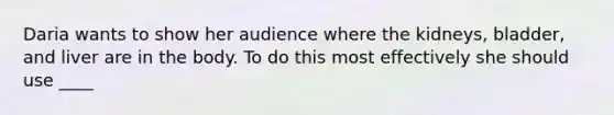 Daria wants to show her audience where the kidneys, bladder, and liver are in the body. To do this most effectively she should use ____