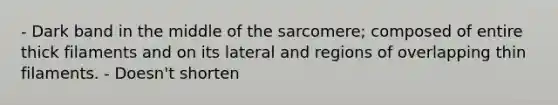 - Dark band in the middle of the sarcomere; composed of entire thick filaments and on its lateral and regions of overlapping thin filaments. - Doesn't shorten