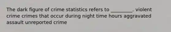 The dark figure of crime statistics refers to _________. violent crime crimes that occur during night time hours aggravated assault unreported crime