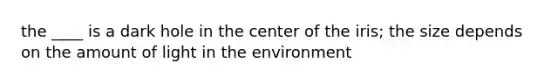 the ____ is a dark hole in the center of the iris; the size depends on the amount of light in the environment