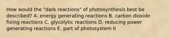 How would the "dark reactions" of photosynthesis best be described? A. energy generating reactions B. carbon dioxide fixing reactions C. glycolytic reactions D. reducing power generating reactions E. part of photosystem II