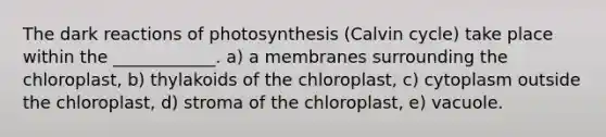 The dark reactions of photosynthesis (Calvin cycle) take place within the ____________. a) a membranes surrounding the chloroplast, b) thylakoids of the chloroplast, c) cytoplasm outside the chloroplast, d) stroma of the chloroplast, e) vacuole.