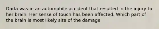 Darla was in an automobile accident that resulted in the injury to her brain. Her sense of touch has been affected. Which part of the brain is most likely site of the damage