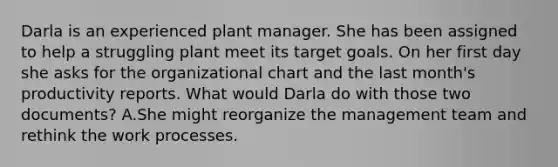 Darla is an experienced plant manager. She has been assigned to help a struggling plant meet its target goals. On her first day she asks for the organizational chart and the last month's productivity reports. What would Darla do with those two documents? A.She might reorganize the management team and rethink the work processes.