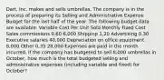 Dart, Inc. makes and sells umbrellas. The company is in the process of preparing its Selling and Administrative Expense Budget for the last half of the year. The following budget data are available: Variable Cost Per Unit Sold Monthly Fixed Cost Sales commissions 0.60 6,000 Shippinp 1.20 Advertising 0.30 Executive salaries 40,000 Depreciation on office equipment 8,000 Other 0.35 28,000 Expenses are paid in the month incurred. If the company has budgeted to sell 8,000 umbrellas in October, how much is the total budgeted selling and administrative expenses (including variable and fixed) for October?