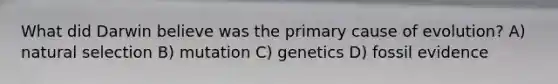 What did Darwin believe was the primary cause of evolution? A) natural selection B) mutation C) genetics D) fossil evidence