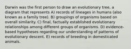 Darwin was the first person to draw an evolutionary tree, a diagram that represents A) records of lineages in humans (also known as a family tree). B) groupings of organisms based on overall similarity. C) final, factually established evolutionary relationships among different groups of organisms. D) evidence-based hypotheses regarding our understanding of patterns of evolutionary descent. E) records of breeding in domesticated animals.