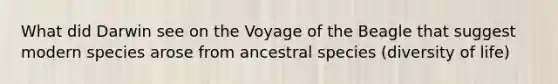 What did Darwin see on the Voyage of the Beagle that suggest modern species arose from ancestral species (diversity of life)