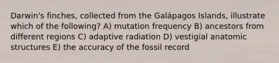 Darwin's finches, collected from the Galápagos Islands, illustrate which of the following? A) mutation frequency B) ancestors from different regions C) adaptive radiation D) vestigial anatomic structures E) the accuracy of the fossil record