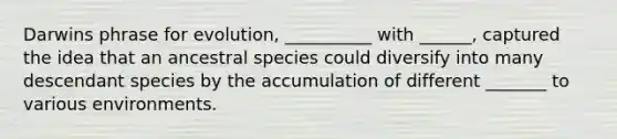 Darwins phrase for evolution, __________ with ______, captured the idea that an ancestral species could diversify into many descendant species by the accumulation of different _______ to various environments.