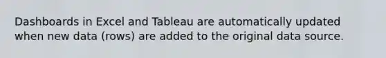 Dashboards in Excel and Tableau are automatically updated when new data (rows) are added to the original data source.