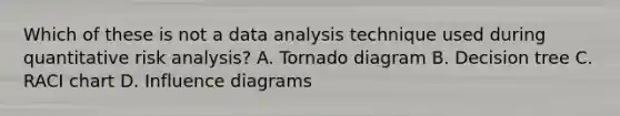 Which of these is not a data analysis technique used during quantitative risk analysis? A. Tornado diagram B. Decision tree C. RACI chart D. Influence diagrams