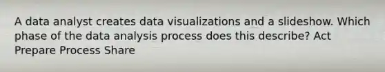 A data analyst creates data visualizations and a slideshow. Which phase of the data analysis process does this describe? Act Prepare Process Share