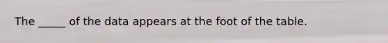 The _____ of the data appears at the foot of the table.