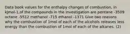 Data book values for the enthalpy changes of combustion, in kJmol-1,of the compounds in the investigation are pentane -3509 octane -5512 methanol -715 ethanol -1371 Give two reasons why the combustion of 1mol of each of the alcohols releases less energy than the combustion of 1mol of each of the alkanes. (2)